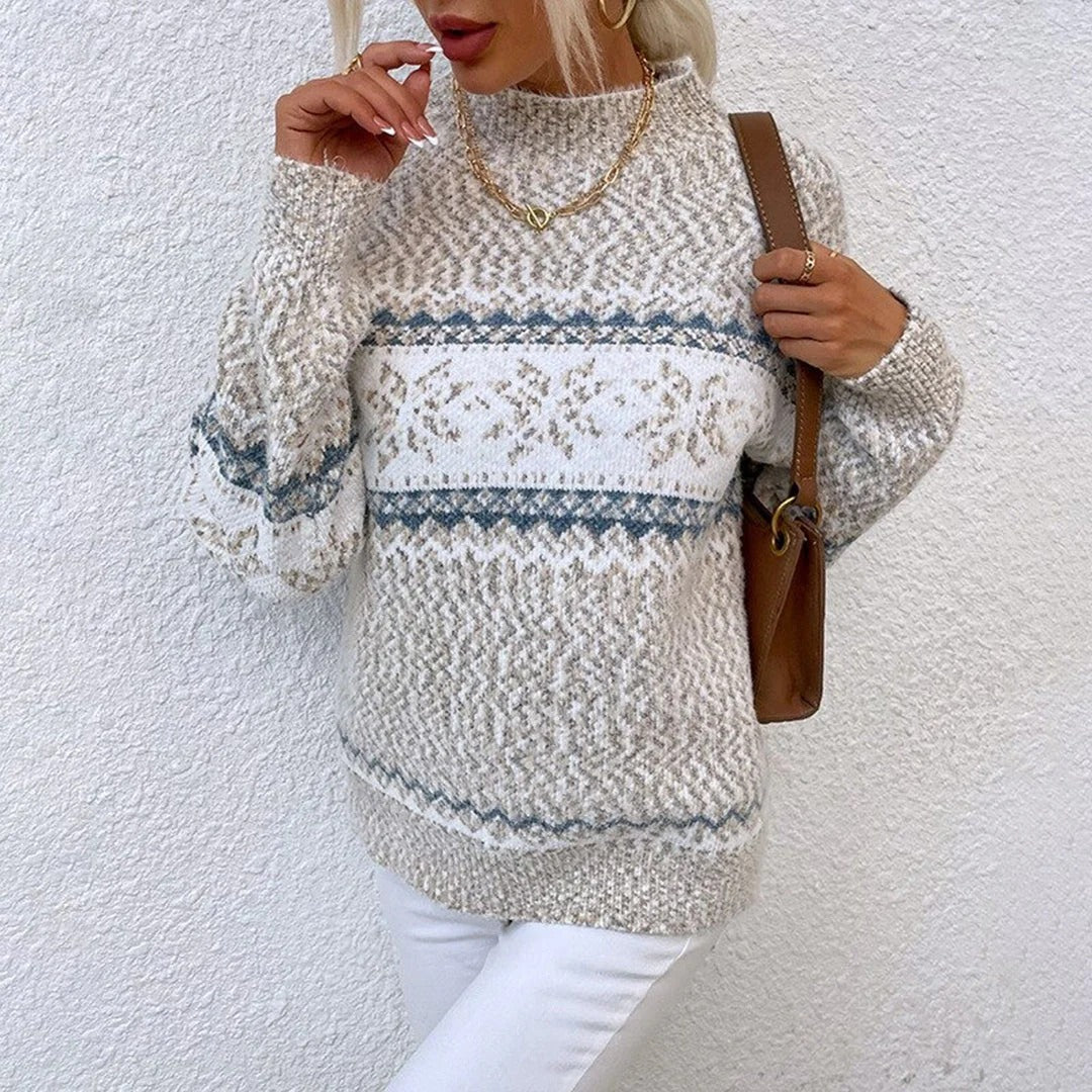 Pull femme – Laine douce – Coupe oversize – Motif flocon – Col montant côtelé