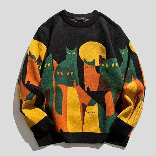 Sweatshirt femme – Coupe décontractée – Maille douce – Imprimé graphique chat – Col rond
