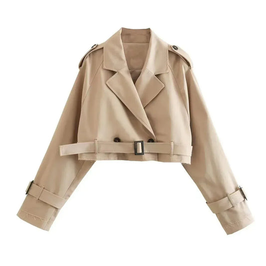 Trench femme – Coupe courte – Boutonnage croisé – Taille ceinturée – Épaules structurées