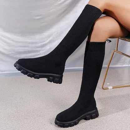 Femme Bottes - Tissu Extensible - Mi-mollet - Bout Rond - Semelle Crantée