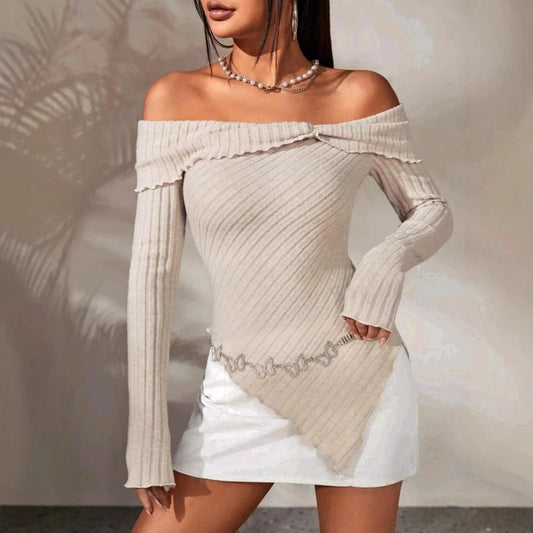 Top épaules dénudées femme – Maille côtelée – Coupe ajustée – Ourlet asymétrique