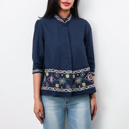 Blouse femme – Coupe décontractée – Coton doux – Col montant – Détails brodés