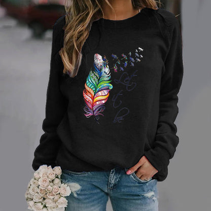 Sweatshirt femme – Coupe décontractée – Imprimé plume – Col rond – Manches longues