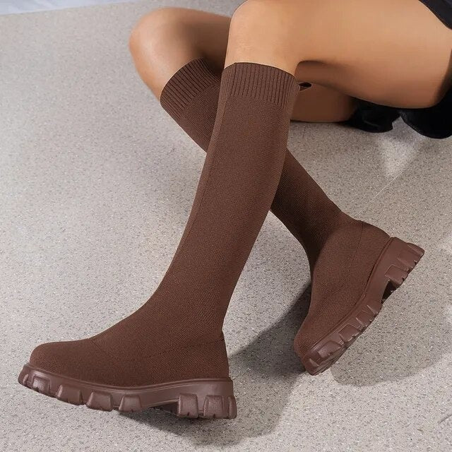Femme Bottes - Tissu Extensible - Mi-mollet - Bout Rond - Semelle Crantée