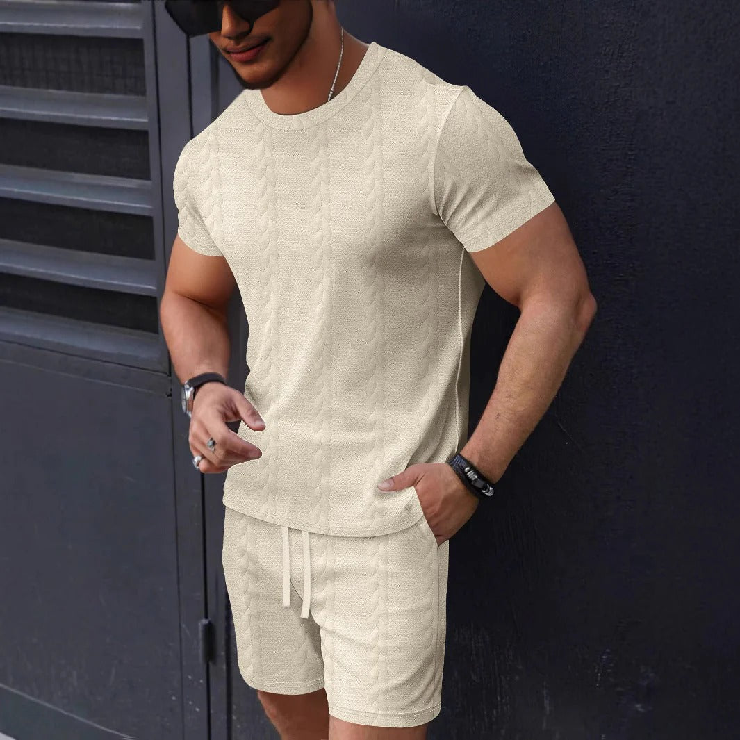 Ensemble Homme T-shirt et Short – Maille Texturée – Coupe Standard – Col Rond – Taille Cordon