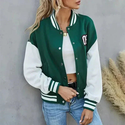 Blouson femme – Coupe décontractée – Boutons devant – Détails varsity – Manches contrastées