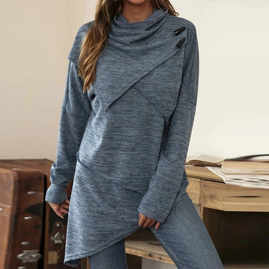 Femme Tunique - Maille Douce - Col Châle Drapé - Manches Longues - Coupe Décontractée