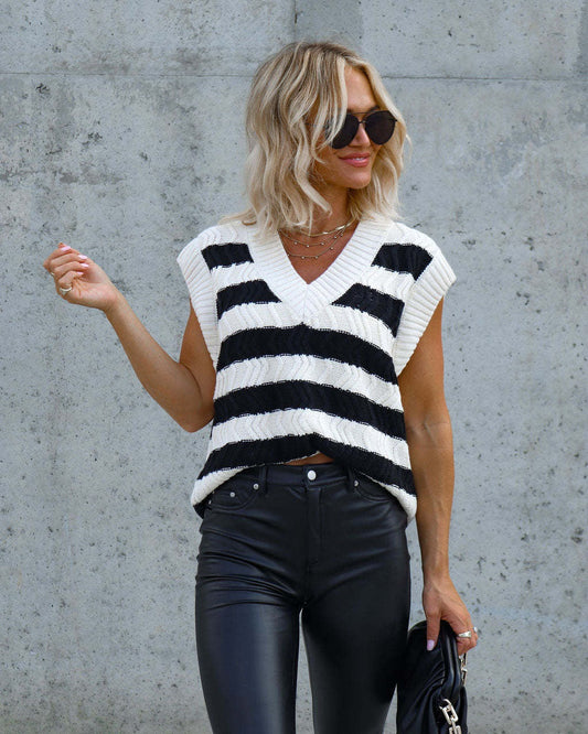 Top en maille femme – Coupe décontractée – Sans manches – Col en V – Rayures larges