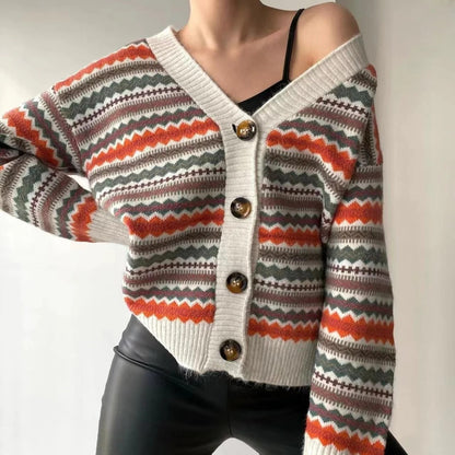 Cardigan femme – Coupe décontractée – Maille douce – Col en V – Motif géométrique