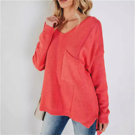 Pull femme en maille – Coupe oversize – Col V – Laine texturée – Poche avant