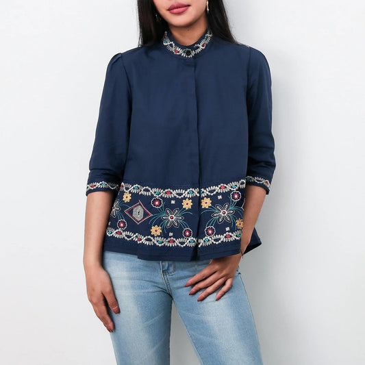 Blouse femme – Coupe décontractée – Coton doux – Col montant – Détails brodés