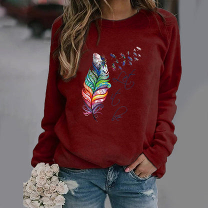 Sweatshirt femme – Coupe décontractée – Imprimé plume – Col rond – Manches longues
