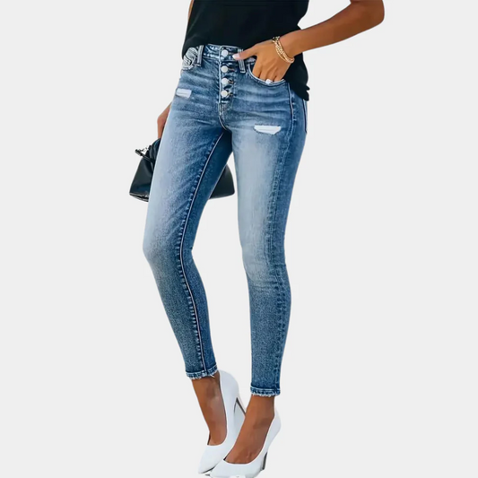Jean skinny femme – Denim stretch – Délavé usé – Braguette à boutons – Longueur entière