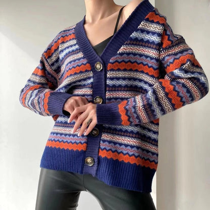 Cardigan femme – Coupe décontractée – Maille douce – Col en V – Motif géométrique