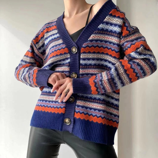 Cardigan femme – Coupe décontractée – Maille douce – Col en V – Motif géométrique