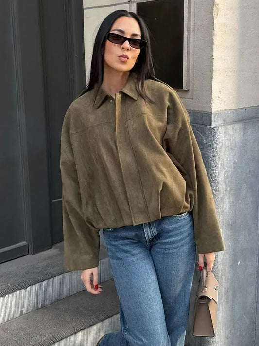 Veste femme – Coupe décontractée – Effet suédine doux – Col chemise classique