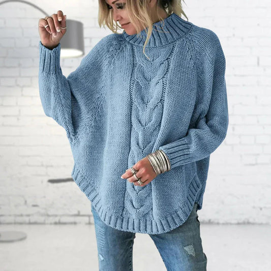 Pull femme – Col roulé – Maille torsadée – Coupe oversize – Manches chauve-souris