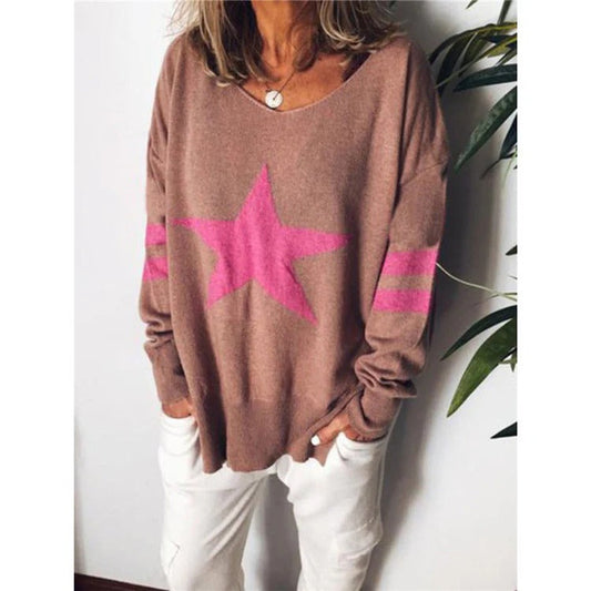 Pull Femme – Coupe Décontractée – Maille Douce – Col Rond – Motif Étoile Manche Rayée