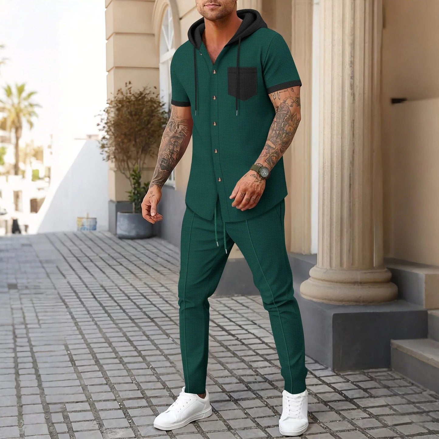 Ensemble de survêtement homme – Coupe décontractée – Coton doux – Haut à capuche boutonné