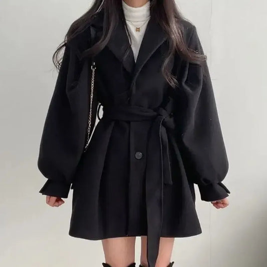Manteau trench femme – Laine – Coupe mi-longue – Ceinture – Manches bouffantes