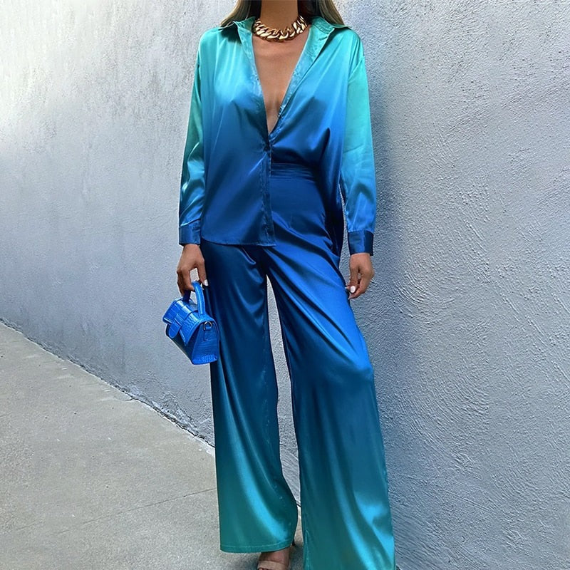 Combinaison femme – Satin lisse – Ceinture taille – Jambes larges – Col chemise manches longues