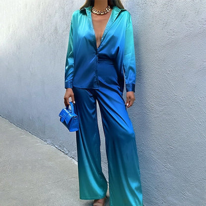 Combinaison femme – Satin lisse – Ceinture taille – Jambes larges – Col chemise manches longues