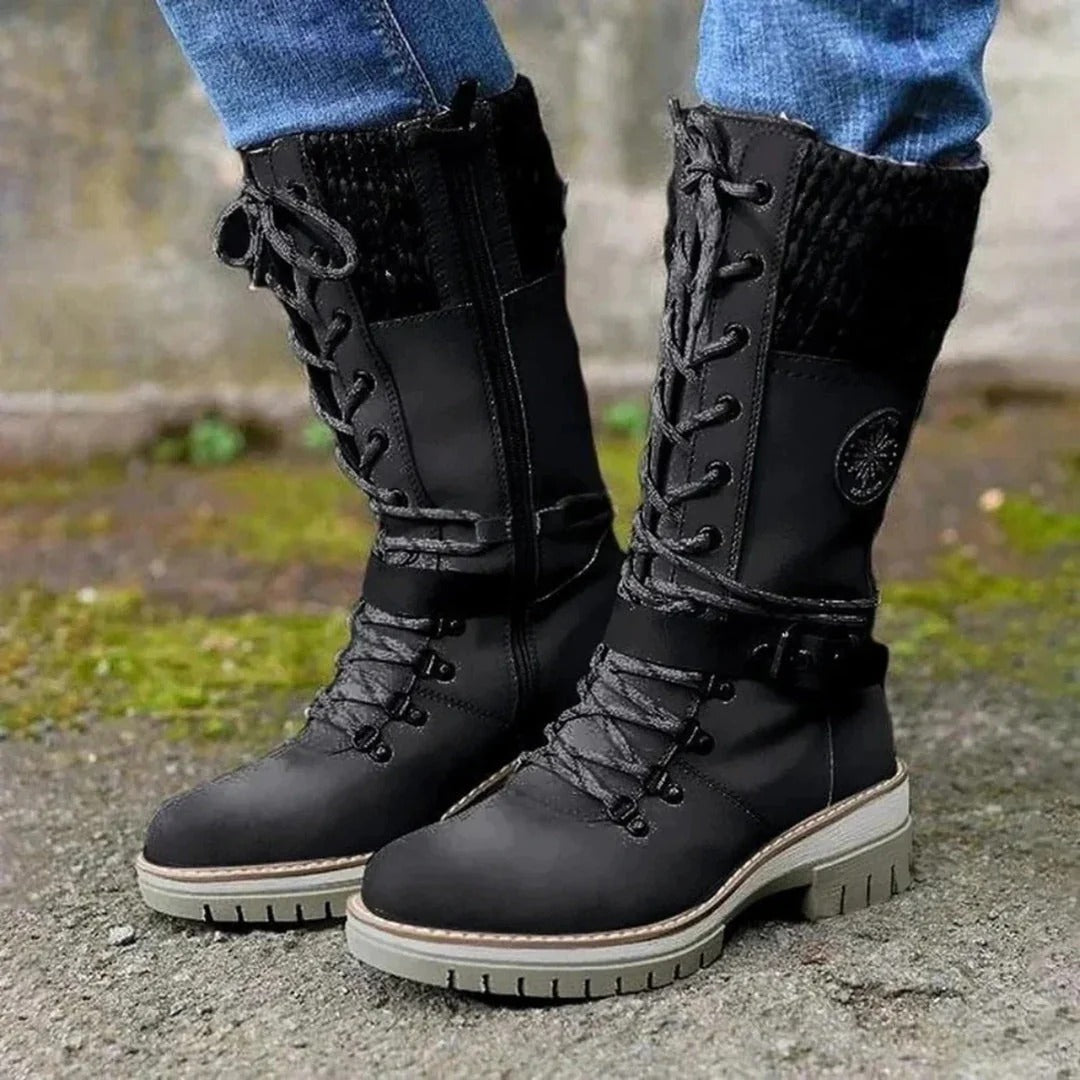 Bottes femme hauteur genou – Laçage frontal – Zip latéral – Revers en maille laine