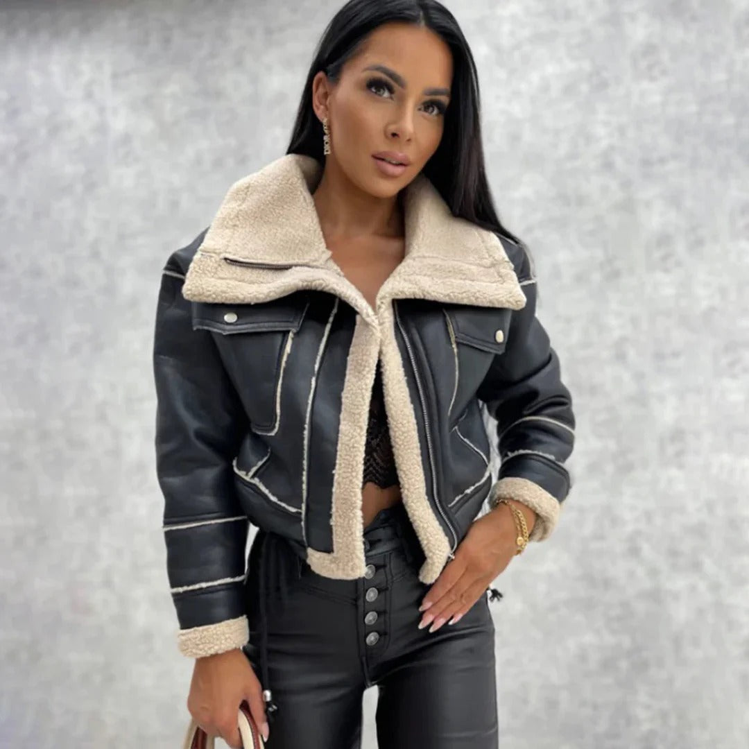 Veste femme courte – Similicuir – Col doublé shearling – Coupe oversize – Look structuré