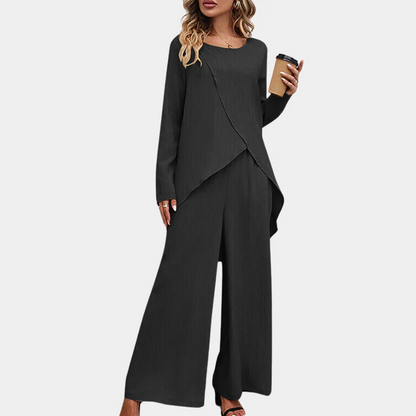 Ensemble Femme – Haut Asymétrique Manches Longues – Pantalon Large – Tissu Coton
