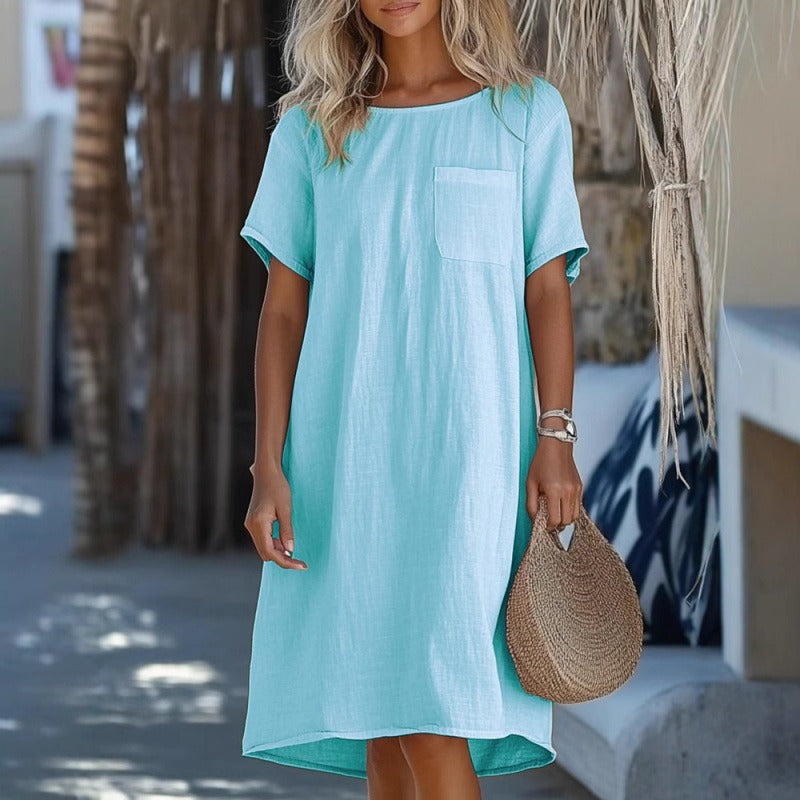 Robe midi femme – Lin et coton – Coupe ample – Col rond – Manches courtes