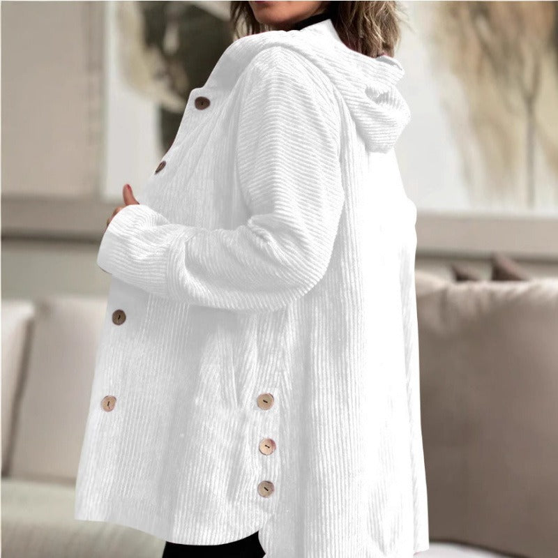 Veste femme décontractée – Velours côtelé – Coupe oversize – Capuche – Boutons – Poches