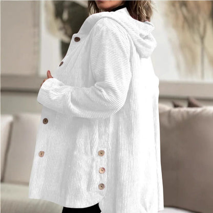 Veste femme décontractée – Velours côtelé – Coupe oversize – Capuche – Boutons – Poches