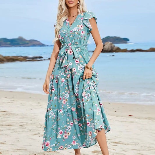 Robe bohème femme – Col en V – Taille nouée – Manches à volants – Imprimé fleuri