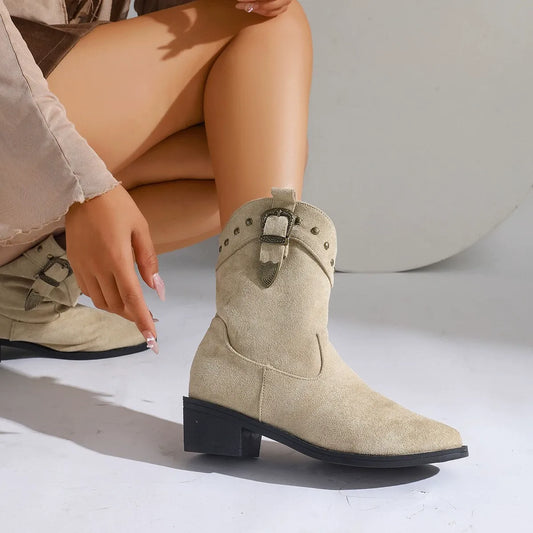 Bottes mi-mollet femme – Aspect suédé – Bout pointu – Talon épais – Boucle décorative