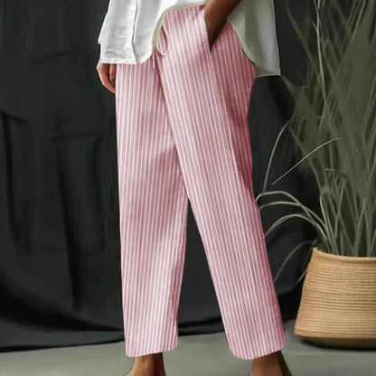 Pantalon large femme – Lin et coton – Taille cordon – Rayures – Coupe décontractée