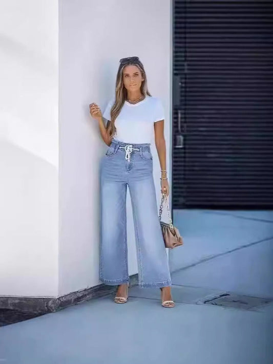 Jean femme large – Taille haute – Cordon ajustable – Taille élastique – Coupe évasée