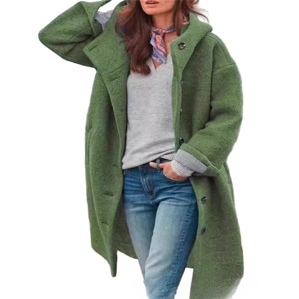 Manteau femme long – Coupe oversize – Tissu effet laine – Capuche – Boutonnage devant
