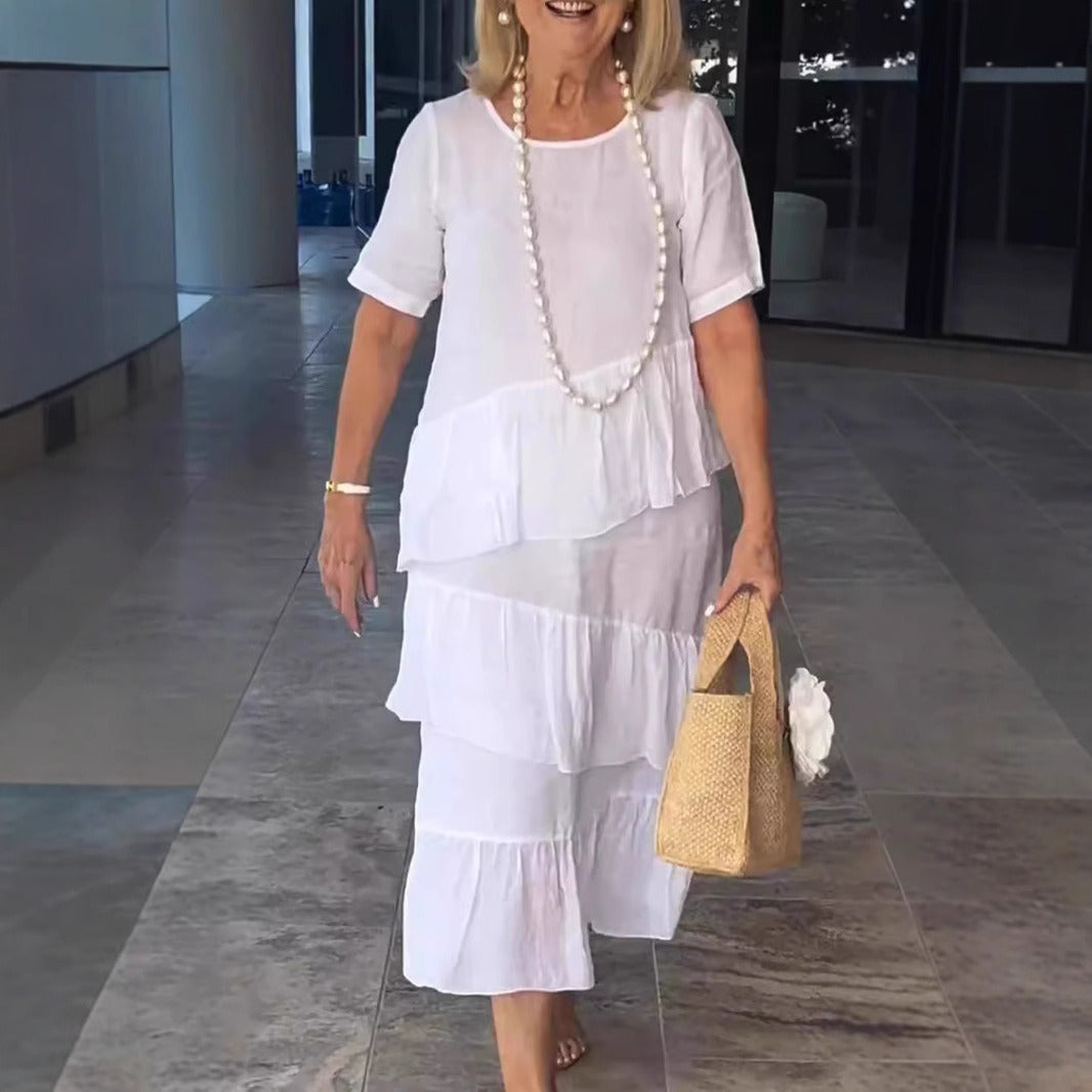 Robe longue femme – Coupe décontractée – Lin et coton – Manches courtes – Volants