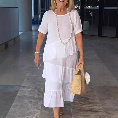 Robe longue femme – Coupe décontractée – Lin et coton – Manches courtes – Volants