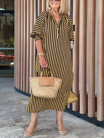 Robe midi femme – Coton – Manches volantées – Col V – Coupe décontractée – Rayée