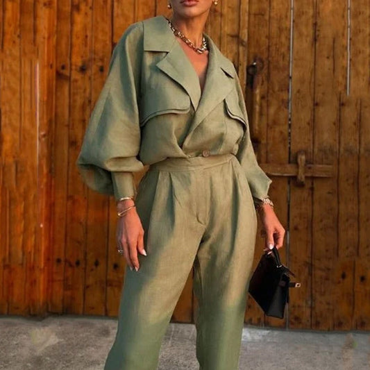 Tailleur femme – Blazer coupe ample manches ballon – Pantalon fuselé taille haute Linnen