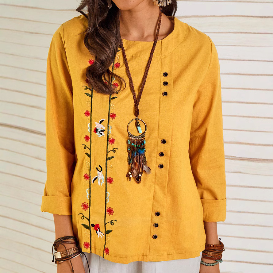 Blouse femme décontractée – Lin coton – Coupe ample – Manches 3/4 – Broderie florale