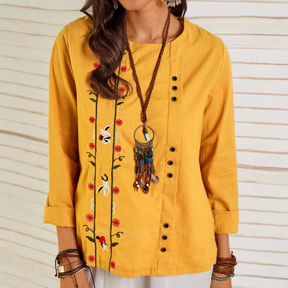 Blouse femme décontractée – Lin coton – Coupe ample – Manches 3/4 – Broderie florale