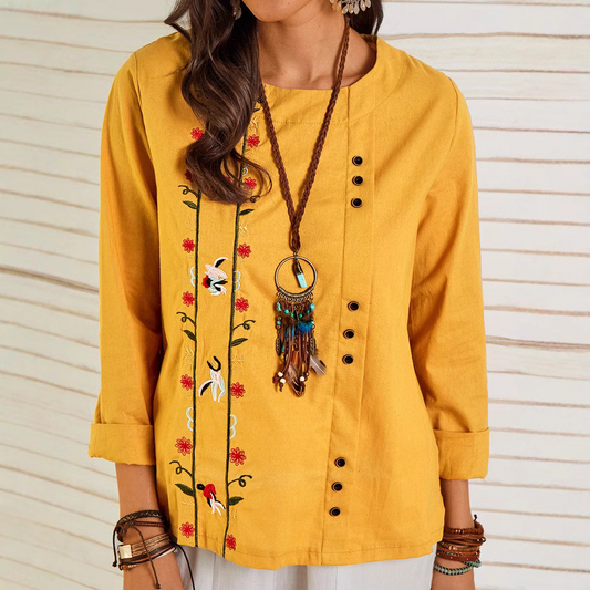 Blouse femme décontractée – Lin coton – Coupe ample – Manches 3/4 – Broderie florale