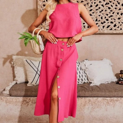 Ensemble femme deux pièces – haut court sans manches – jupe midi boutonnée coton