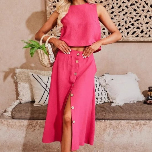 Ensemble femme deux pièces – haut court sans manches – jupe midi boutonnée coton