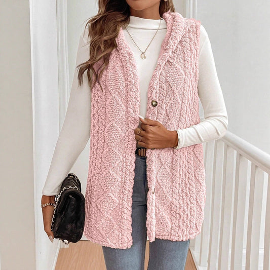 Gilet cardigan femme – coupe décontractée – effet peluche – capuche – boutonné