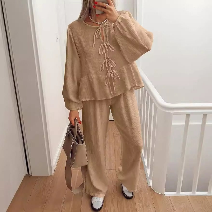 Ensemble femme – Haut col V à liens nœuds manches longues – Pantalon large taille haute
