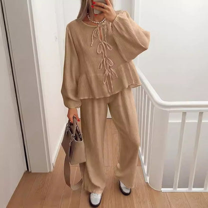 Ensemble femme – Haut col V à liens nœuds manches longues – Pantalon large taille haute