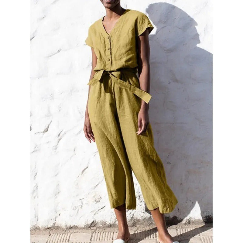 Combinaison femme – Coton – Coupe décontractée – Manches courtes – Ceinture nouée – Jambes 7/8